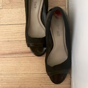 Ellen Tracy Black Suede and Patten Leather Peep Toe Wedges, Size 6